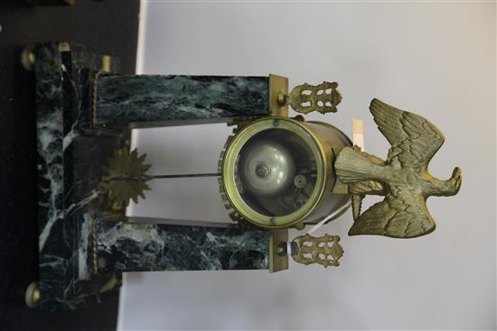 A French Empire style ormolu mounted green marble portico clock, 15.5in.